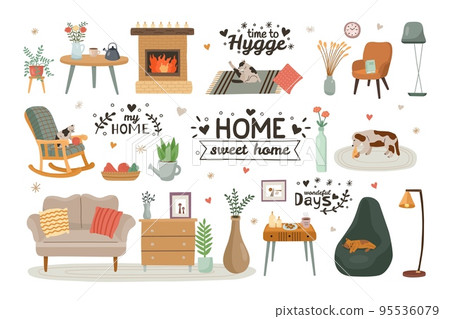 Hygge furniture. Cozy apartments. Sweet home elements set. Pets on carpet. Plants and flowers in vases. Comfy couch. Isolated bookshelf and fireplace. Armchair with pillows. Vector cartoon background Hygge furniture. Cozy apartments. Sweet home elements set. Pets on carpet. Plants and flowers in vases. Comfy couch. Isolated bookshelf and fireplace. Armchair with pillows. Vector cartoon background 95536079