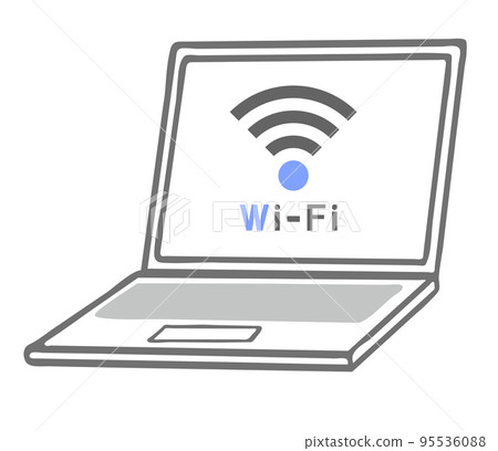 Illustration material of a simple line drawing of a laptop computer connected to Wi-fi 95536088