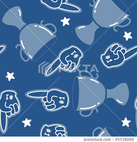 Hand drawn american football seamless pattern. Blue sports football helmet ball cup trophy hand fan number one , simple minimalist graphic art, game day mom fabric print, team equipment design. 95536089