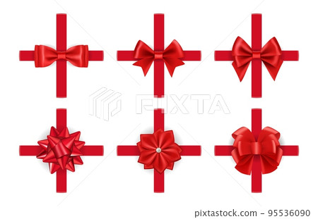Realistic gift bows. Red giftbox ribbons textile, gifting tie wraps for xmas holiday present decorations 95536090