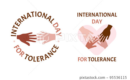 International Tolerance Day. Friendship and charity holiday. Peace partners. Hands silhouette and lettering. Human race equality. Education and teamwork emblems set. Vector illustration utter design International Tolerance Day. Friendship and charity holiday. Peace partners. Hands silhouette and lettering. Human race equality. Education and teamwork emblems set. Vector illustration utter design 95536115