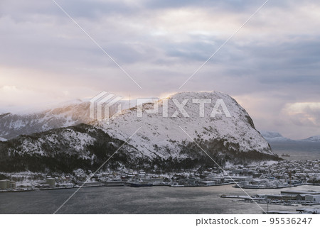 View of Sukkertoppen mountain near Alesund in Norway 95536247