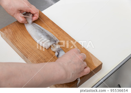 [A middle-aged housewife prepares a squid, taking out the liver] 95536654