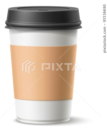Street food packaging. Realistic takeaway container. Paper coffee cup with closed lip. Disposable glass for hot drinks. Espresso or tea beverage. Vector cardboard mug design mockup 95536690