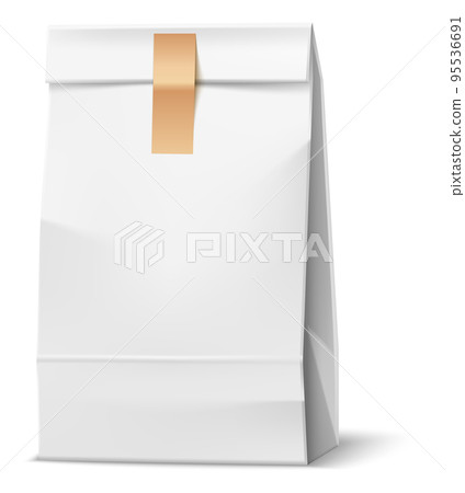 Street food packaging. Realistic paper takeaway container. Isolated package mockup. Snack wrap. Closed package. White pouch with blank sticker. Recycle bag. Vector disposable meal pack 95536691
