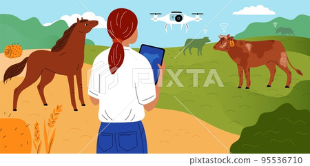 Farm tracking innovation technologies. Smart cattle grazing. Electronic shepherd. Monitoring by drone. Worker with digital tablet for domestic animals remote control. Garish vector concept 95536710