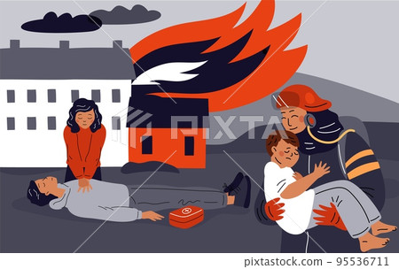 Emergency fire department help. Flame extinguishing process. Firefighters rescue victims from burning house. First aid. Fireman carrying kid. Unconscious person. Garish vector concept 95536711