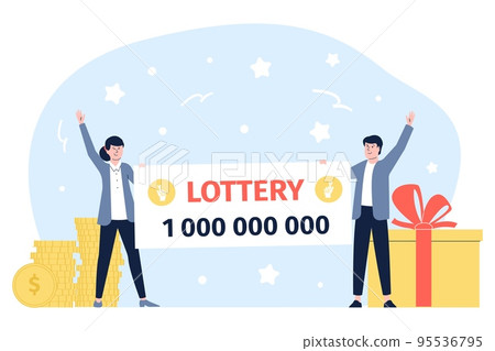 Happy jackpot winner. Lottery game, people holding winning check. Lucky guys, business and investments. Flat vector recent couple with big win. Victory concept 95536795
