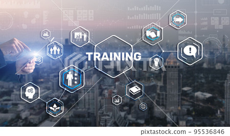 Trainning concept. Businessman pressing on touch screen interface inscription Trainning concept. Businessman pressing on touch screen interface inscription 95536846