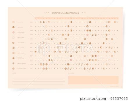 One page 2023 year moon calendar in retro vintage style. Minimal gold lunar calendar 2023 print poster. One page 2023 year moon calendar in retro vintage style. Minimal gold lunar calendar 2023 print poster. 95537035