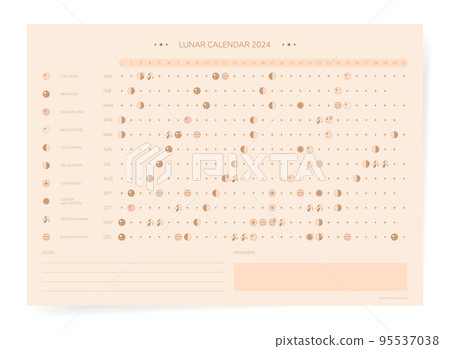 One page 2024 year moon calendar in retro vintage style. Minimal gold lunar calendar 2024 print poster. One page 2024 year moon calendar in retro vintage style. Minimal gold lunar calendar 2024 print poster. 95537038