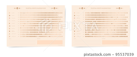 Set of two moon calendar for 2023 2024 years. Aesthetic celestial golden templates. Vector print illustration. Set of two moon calendar for 2023 2024 years. Aesthetic celestial golden templates. Vector print illustration. 95537039