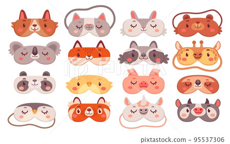 Dreaming masks. Blindfold with drawing cute animal or cat face, eyemask sleeping time for travel dream, pajama party sleep eye mask spa girl nightwear ingenious vector illustration 95537306
