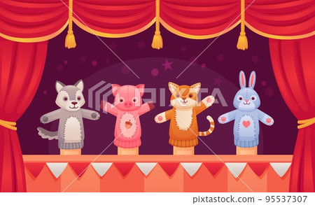 Puppet show. Kid doll theater, animal puppets performance on stage theatrical scenery, fairytale story children marionette toys from sock zoo dolls, ingenious vector illustration Puppet show. Kid doll theater, animal puppets performance on stage theatrical scenery, fairytale story children marionette toys from sock zoo dolls, ingenious vector illustration 95537307