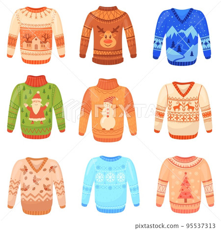 Wool ugly sweater. Funny christmas sweaters, knit pullover snowman nordic ornamental snowflake or santa, winter grandmother jumper xmas december holidays, neat vector illustration 95537313