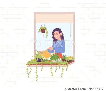 Woman watering flowers on windowsill. Female water care of green houseplants outside window, domestic potted flower on sill frame, floral indoor plants, concept vector illustration Woman watering flowers on windowsill. Female water care of green houseplants outside window, domestic potted flower on sill frame, floral indoor plants, concept vector illustration 95537317