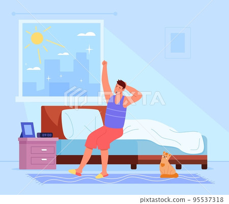 Waking up man. Happy awake boy wakes-up early morning and yawn stretching on bed after sleep, start day life routine in home bedroom Waking up man. Happy awake boy wakes-up early morning and yawn stretching on bed after sleep, start day life routine in home bedroom 95537318