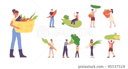 Tiny people with vegetables. Vegan life, vegetarian man woman hold healthy food eating products, vegetable diet farm organic nutrition concept garden plant set vector illustration Tiny people with vegetables. Vegan life, vegetarian man woman hold healthy food eating products, vegetable diet farm organic nutrition concept garden plant set vector illustration 95537319