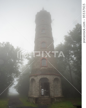 Historical stony lookout tower on Jedlova Mountain in Lusatian Mountains, 95537915