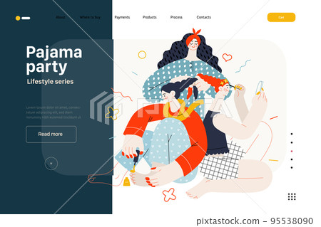 Lifestyle web template -Pajama party -modern flat vector illustration, female friends wearing pajamas amusing themselves together wearing makeup doing hair, painting toenails People activities concept 95538090