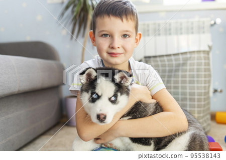 Cute child boy hugging a puppy of siberian husky dog sitting on the floor 95538143