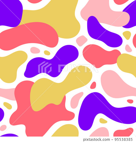 Liquid forms seamless background. Fluid elements repeating wallpaper. Organic blobs backdrop in yellow, purple and red. Modern texture 95538385