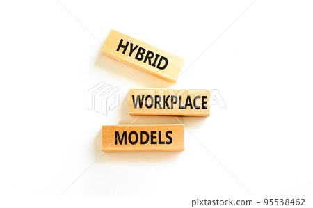 Hybrid workplace models symbol. Concept words Hybrid workplace models on wooden blocks. Beautiful white table white background. Business hybrid workplace models quote concept. Copy space 95538462