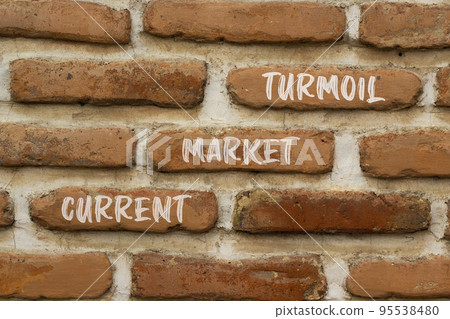 Current market turmoil symbol. Concept words Current market turmoil on red bricks on a beautiful brick wall background. Business, finacial current market turmoil concept. Copy space. Current market turmoil symbol. Concept words Current market turmoil on red bricks on a beautiful brick wall background. Business, finacial current market turmoil concept. Copy space. 95538480