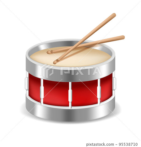 Realistic Detailed 3d Red Snare Drum with Wooden Sticks. Vector illustration of Musical Instrument or Toy Realistic Detailed 3d Red Snare Drum with Wooden Sticks. Vector illustration of Musical Instrument or Toy 95538710