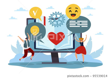 Self development, personal growth and mastery skills. Huge computer screen with book on screen and tiny people, e-learning and online tutorial. Vector cartoon flat education concept 95539014