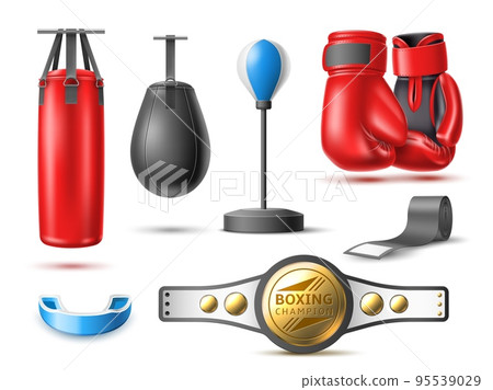 Realistic boxing set. Professional fighting sport accessories, champions belt, gloves, punching bags and mouth guard, sportswear for punch workout, 3d isolated objects, utter vector set Realistic boxing set. Professional fighting sport accessories, champions belt, gloves, punching bags and mouth guard, sportswear for punch workout, 3d isolated objects, utter vector set 95539029