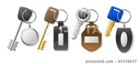 Keys with key chains. Realistic isolated keychains, leather and metal modern tags and pendants, different shapes charms, 3d holders various metal and different forms. Utter vector set 95539037