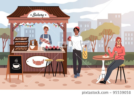 Baking street kiosk. Fresh homemade bread, cupcakes and baguette, cartoon seller, happy buyers, street market and cafe, man and woman have breakfast outdoors, tidy vector cartoon concept Baking street kiosk. Fresh homemade bread, cupcakes and baguette, cartoon seller, happy buyers, street market and cafe, man and woman have breakfast outdoors, tidy vector cartoon concept 95539058