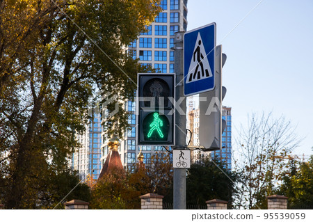 Green traffic light for pedestrians close up Green traffic light for pedestrians close up 95539059