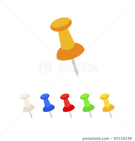 Icons of pin buttons, needles. Flat symbols of push pins set illustration isolated for note and attach in office. Pushpins, thumbtack for notice attaching. Stationery. 95539249