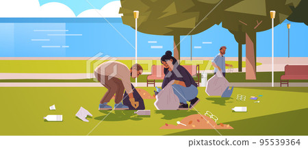 people collecting trash into bag beach cleanup generation Z lifestyle concept new demography trend with progressive youth gen 95539364