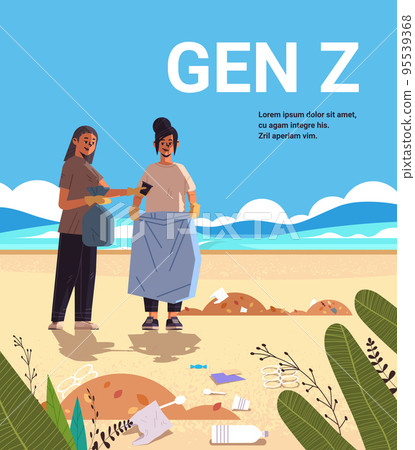 women collecting trash into bag beach cleanup generation Z lifestyle concept new demography trend with progressive youth gen 95539368