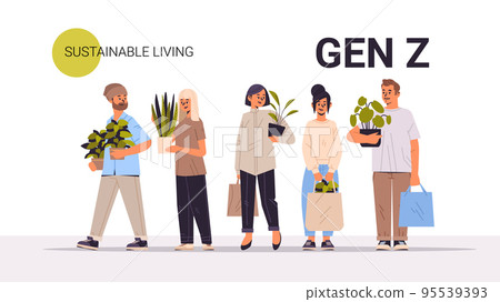 mix race people holding potted plants generation Z sustainable living concept 95539393