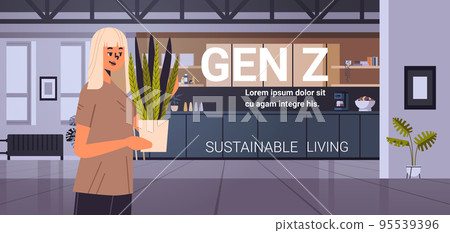 girl holding potted plant generation Z lifestyle sustainable living concept new demography trend with progressive youth gen girl holding potted plant generation Z lifestyle sustainable living concept new demography trend with progressive youth gen 95539396