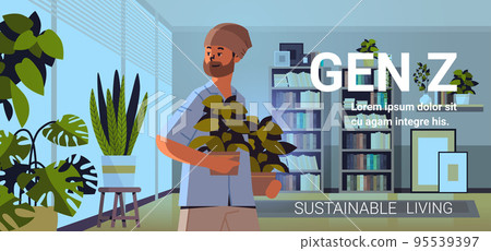 guy holding potted plant generation Z lifestyle sustainable living concept new demography trend with progressive youth gen 95539397