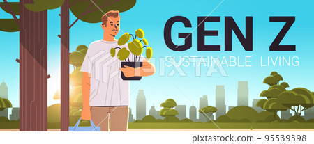 young guy holding potted plant generation Z lifestyle concept new demography trend with progressive youth gen 95539398