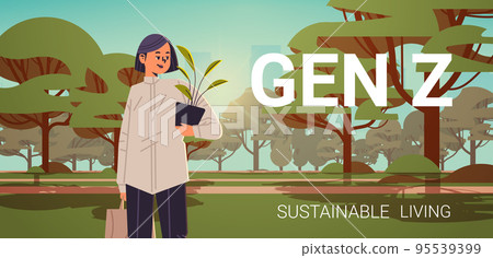 girl holding potted plant generation Z lifestyle concept new modern demography trend with progressive youth gen 95539399