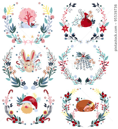 Bright Winter compositions with sleeping deer, funny rabbit, Santa head, a bag of gifts, Christmas wreath and other. Perfect for greeting cards, poster, postcard, banner. Vector Bright Winter compositions with sleeping deer, funny rabbit, Santa head, a bag of gifts, Christmas wreath and other. Perfect for greeting cards, poster, postcard, banner. Vector 95539736