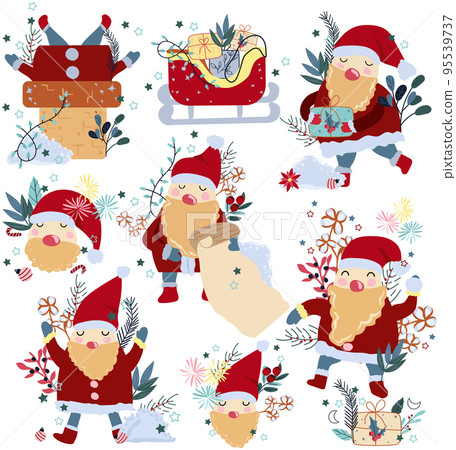Collection of Christmas Santa Claus with winter present, flowers, colorful leaves, Christmas sleigh, snow. Concept Christmas and New Year. Perfect for greeting cards, poster, postcard, banner. Collection of Christmas Santa Claus with winter present, flowers, colorful leaves, Christmas sleigh, snow. Concept Christmas and New Year. Perfect for greeting cards, poster, postcard, banner. 95539737