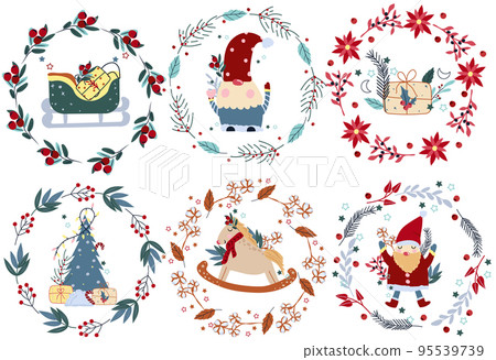 Bright Winter compositions with rocking horse in vintage style, funny gnome, cute Santa, Christmas wreath and other. Perfect for greeting cards, poster, postcard, banner. Vector. 95539739