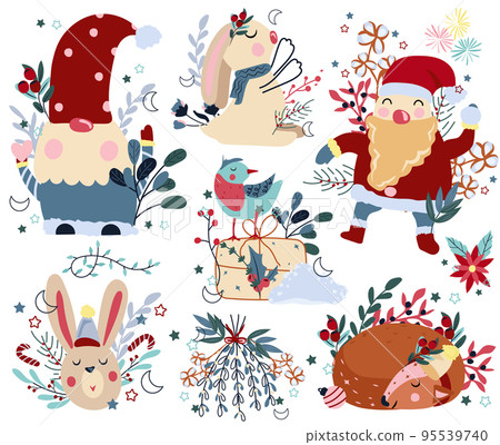 Winter compositions with sleeping deer, funny Santa Claus, winter gnome, cute rabbit and other. Concept Christmas and New Year. Perfect for greeting cards, poster, postcard, banner. Vector 95539740