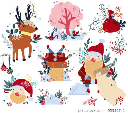 Winter compositions with deer in a scarf, Santa Claus reading a letter, Tree among heaps of snow and other. Concept Christmas and New Year. Vector illustration. 95539741