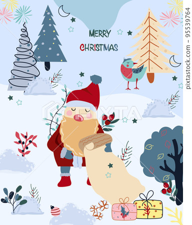 Winter card, with Merry Christmas lettering, with Santa is reading a letter, Christmas tree and other. Concept Christmas and New Year. Perfect for greeting cards, poster, postcard, banner. Vector 95539764
