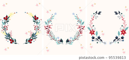 Winter card with bright Christmas wreath, flowers, candy, pine branch, pine cone, balls. Concept Christmas and New Year. Vector 95539813