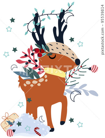 Winter composition with funny reindeer and garlands on the horns, among heaps of snow, pine branches, berries. Cute winter animal. Perfect for greeting cards, poster, postcard, banner. Vector. Winter composition with funny reindeer and garlands on the horns, among heaps of snow, pine branches, berries. Cute winter animal. Perfect for greeting cards, poster, postcard, banner. Vector. 95539814